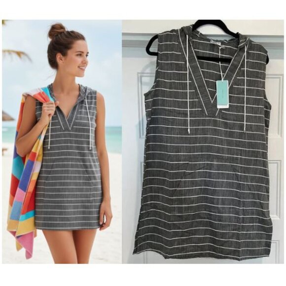 NWT Koy Resort Gray Striped Sleeveless Monterey Hooded Swim Cover-Up, Size Large - Picture 1 of 8